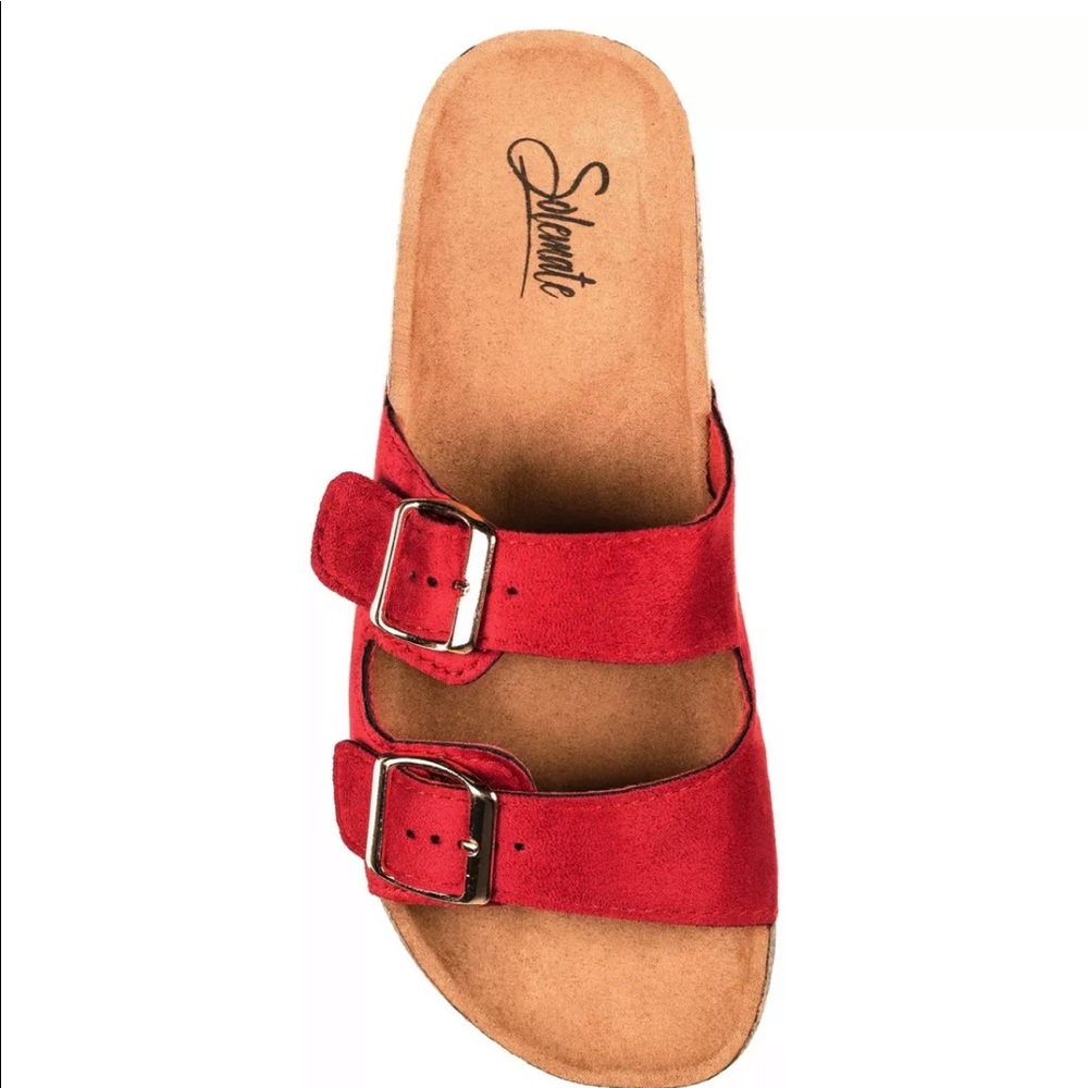 Red Faux Suede Dbl Buckle Platform Slide Sandals